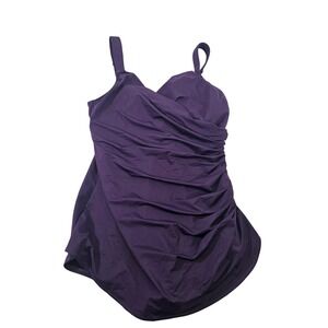 Lands End Purple Ruched One Piece Swimdress Swimsuit 16L Tummy Control Modest